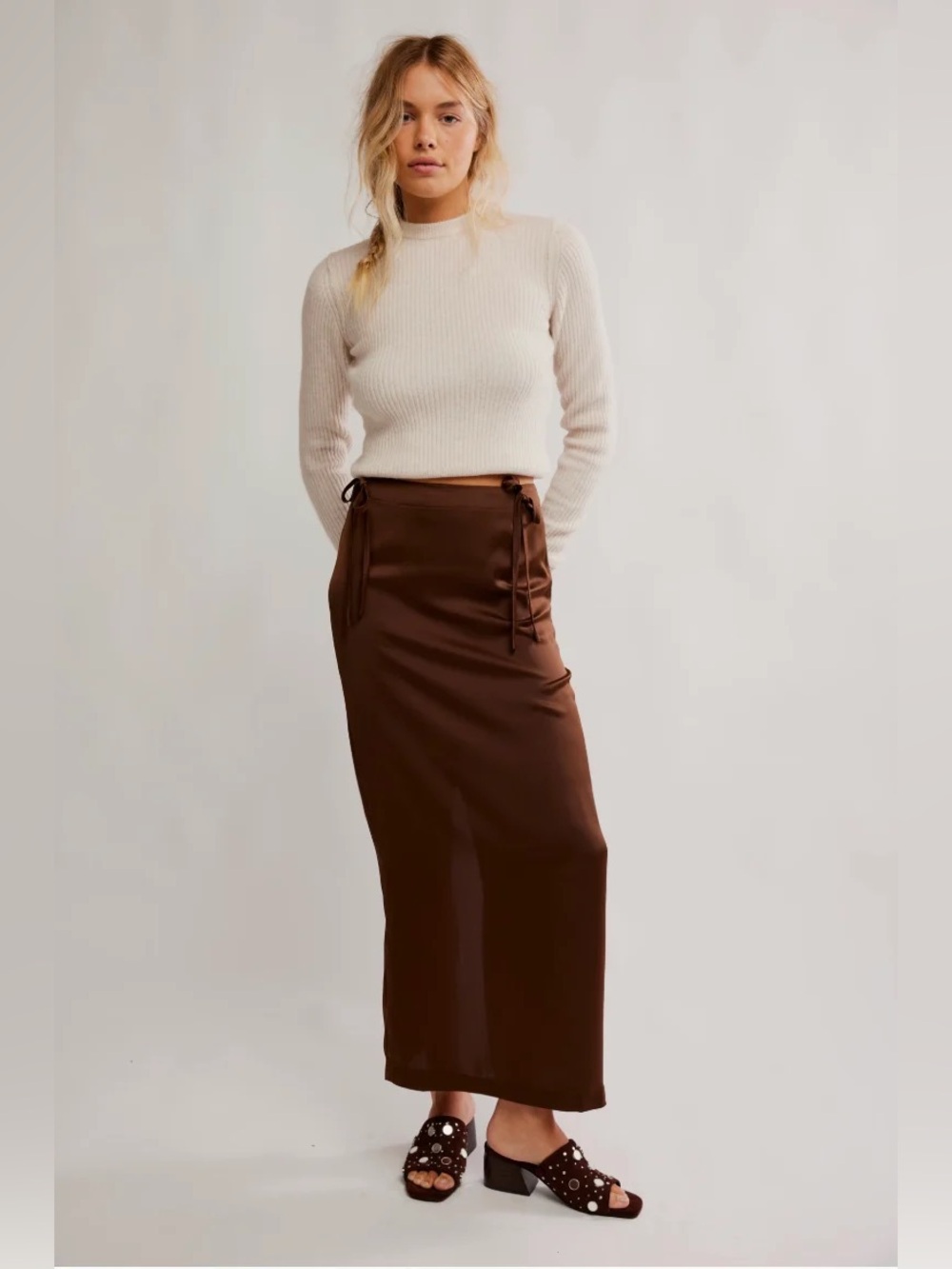 36. Free People • NWT $ Think Bubbles skirt Brown Satin Tie-Detail Maxi Skirt